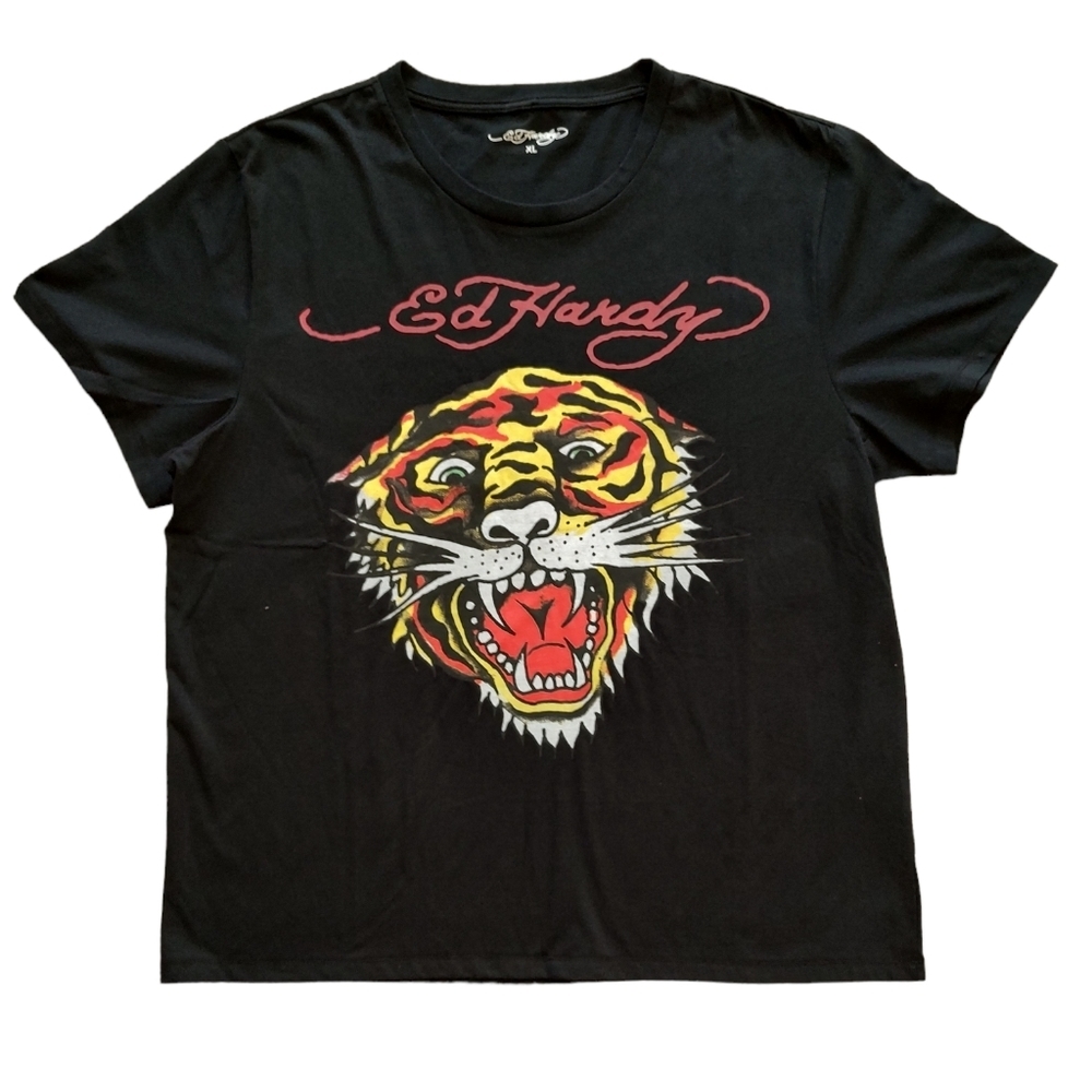 Ed Hardy Black Tee with Red, Yellow and White Tiger Graphic